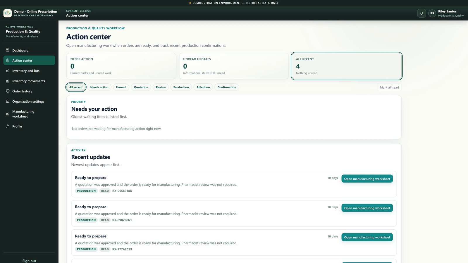 Personalized Compounding Portal demo: role-based Action Center showing orders ready to prepare, fictional data