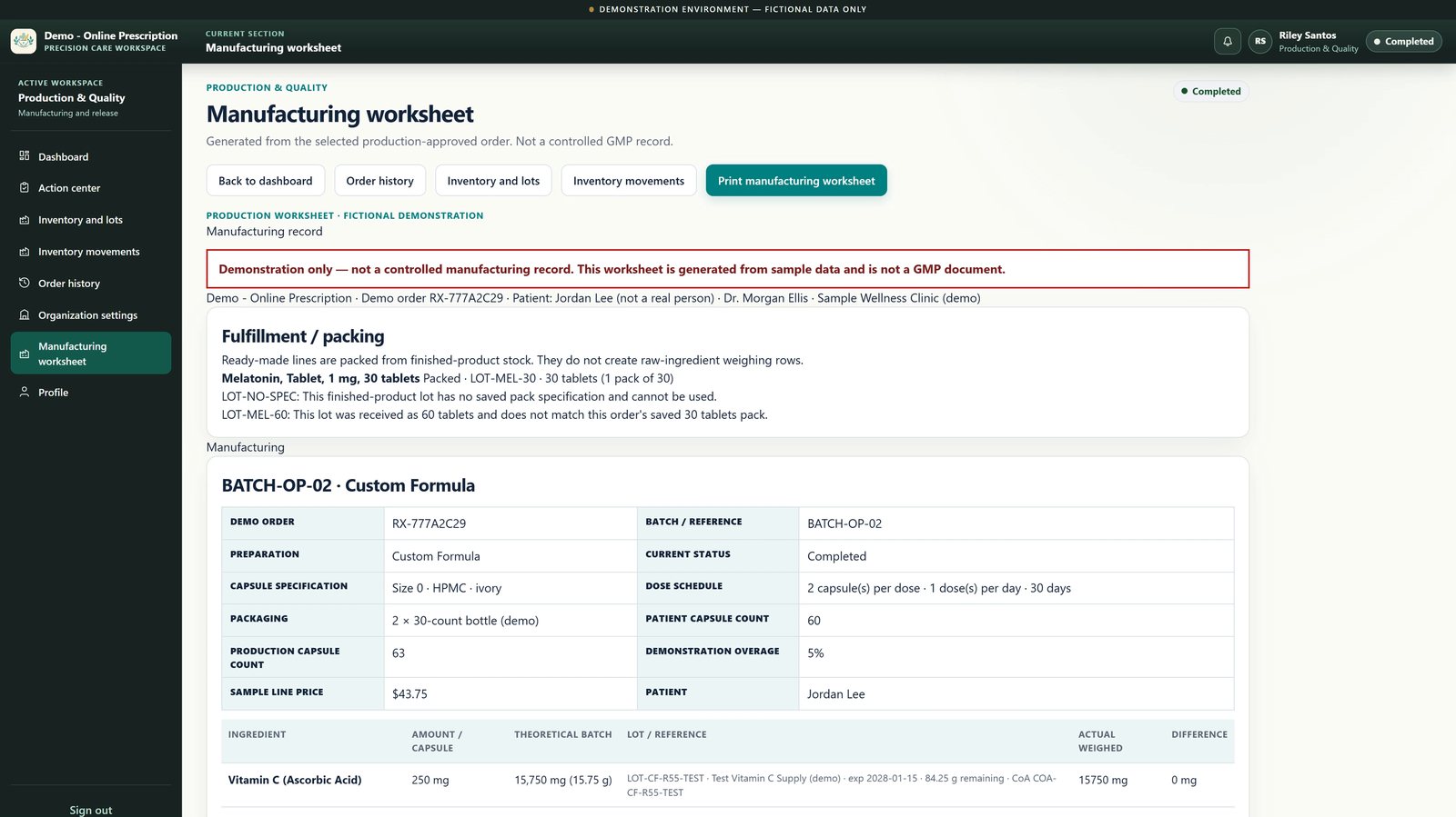 Personalized Compounding Portal demo: manufacturing worksheet with batch details and ingredient lot references, fictional data